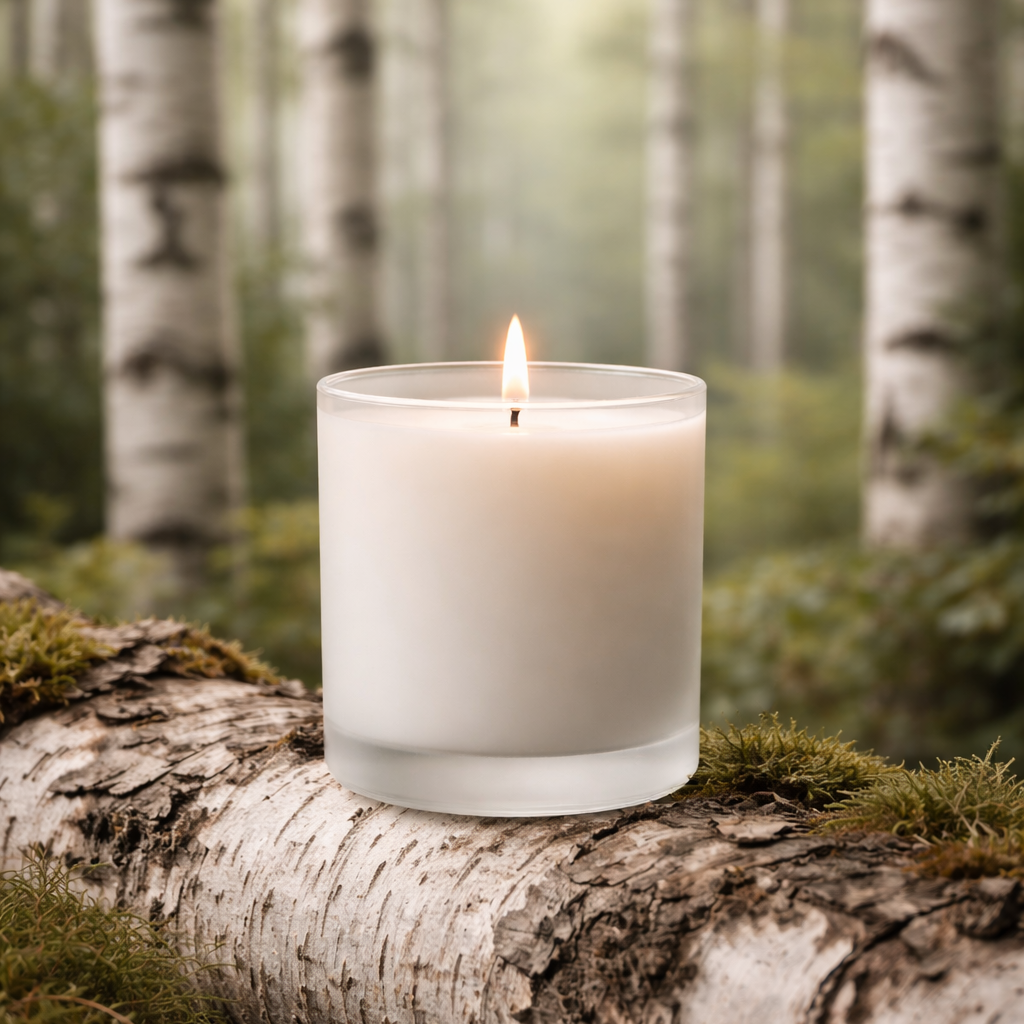 Birch scented candle. frosted glass tumbler sitting on a birch stump surrounded by birch branches 