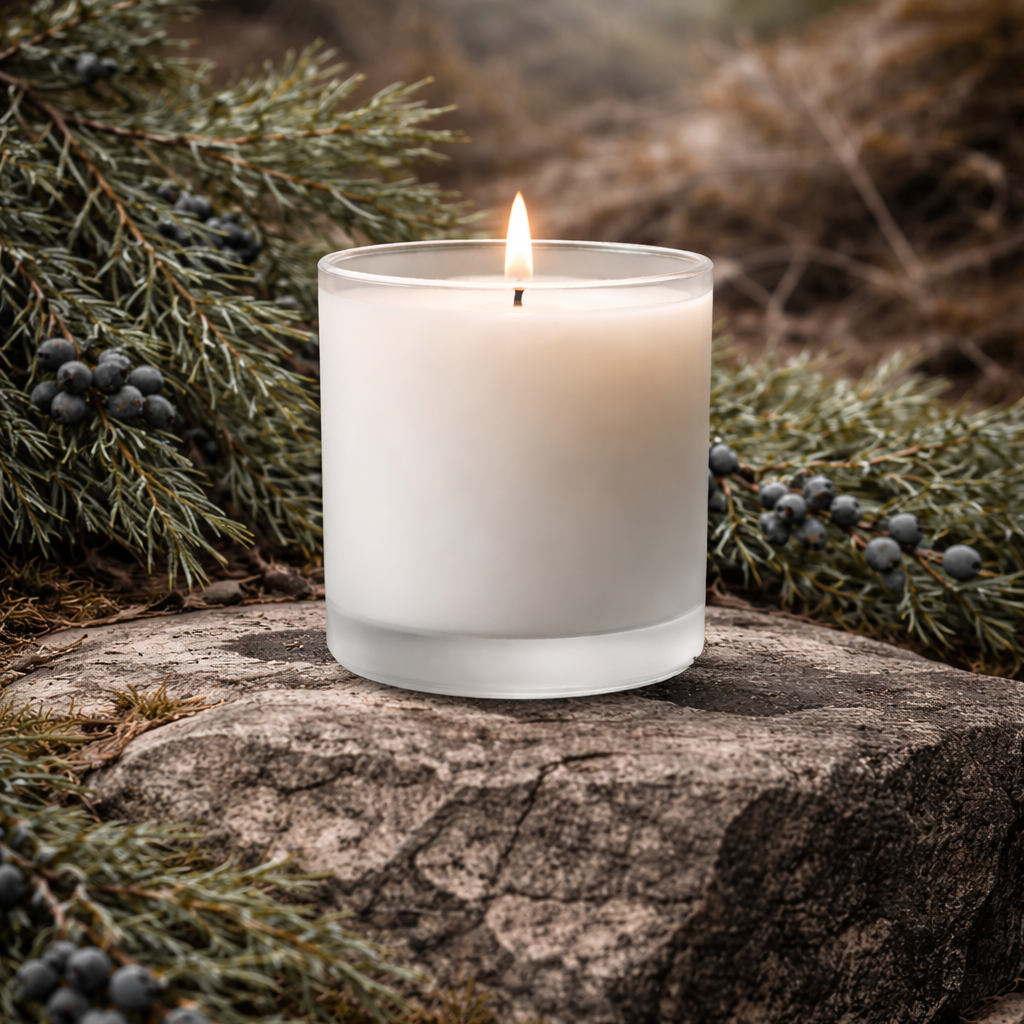Juniper scented candle. frosted glass tumbler sitting on a juniper stump surrounded by juniper branches 