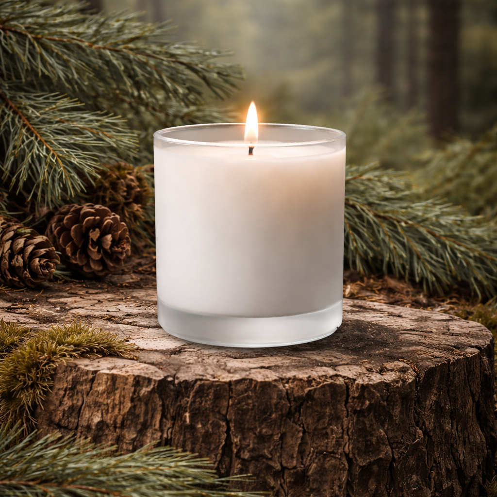 White candle on a wooden stump with pine branches and cones in a forest setting. Pine scented candle